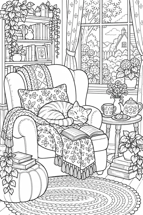 A Cosy Reading Afternoon black-and-white colouring page