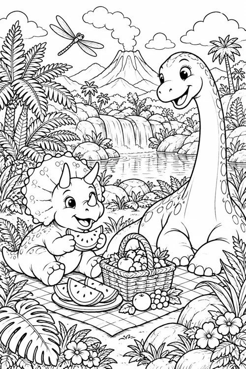 Preview of the free Dinosaur Picnic colouring page