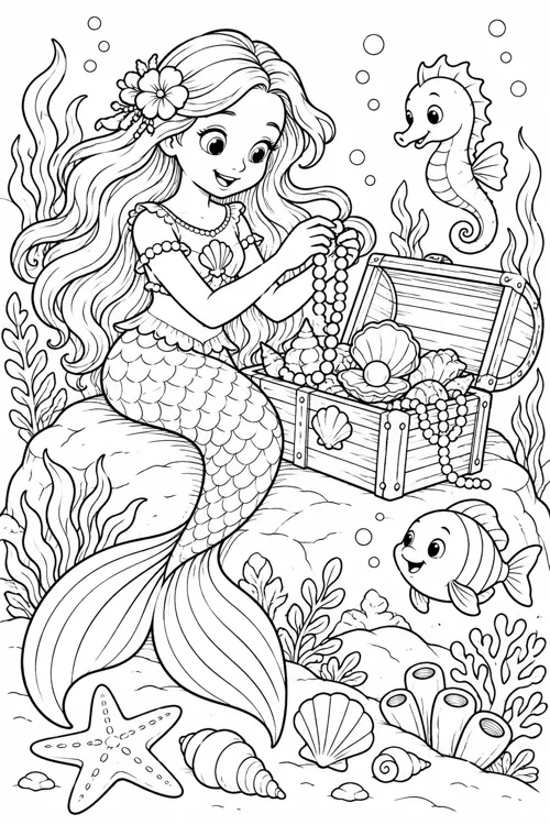 Mermaid’s Ocean Treasures black-and-white colouring page