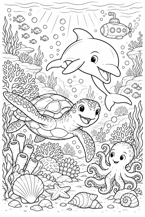 Underwater Explorers black-and-white colouring page