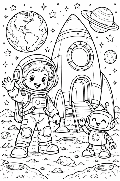 Rocket to the Stars black-and-white colouring page