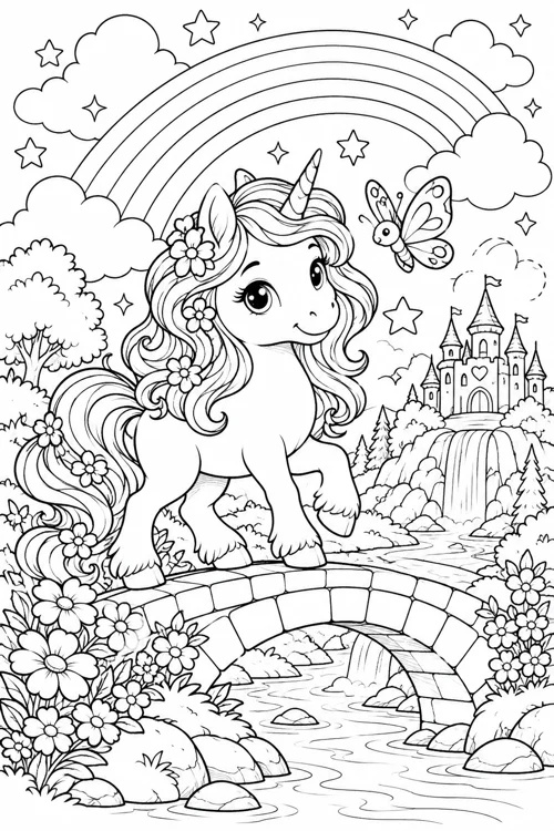 Unicorn Rainbow Wishes black-and-white colouring page